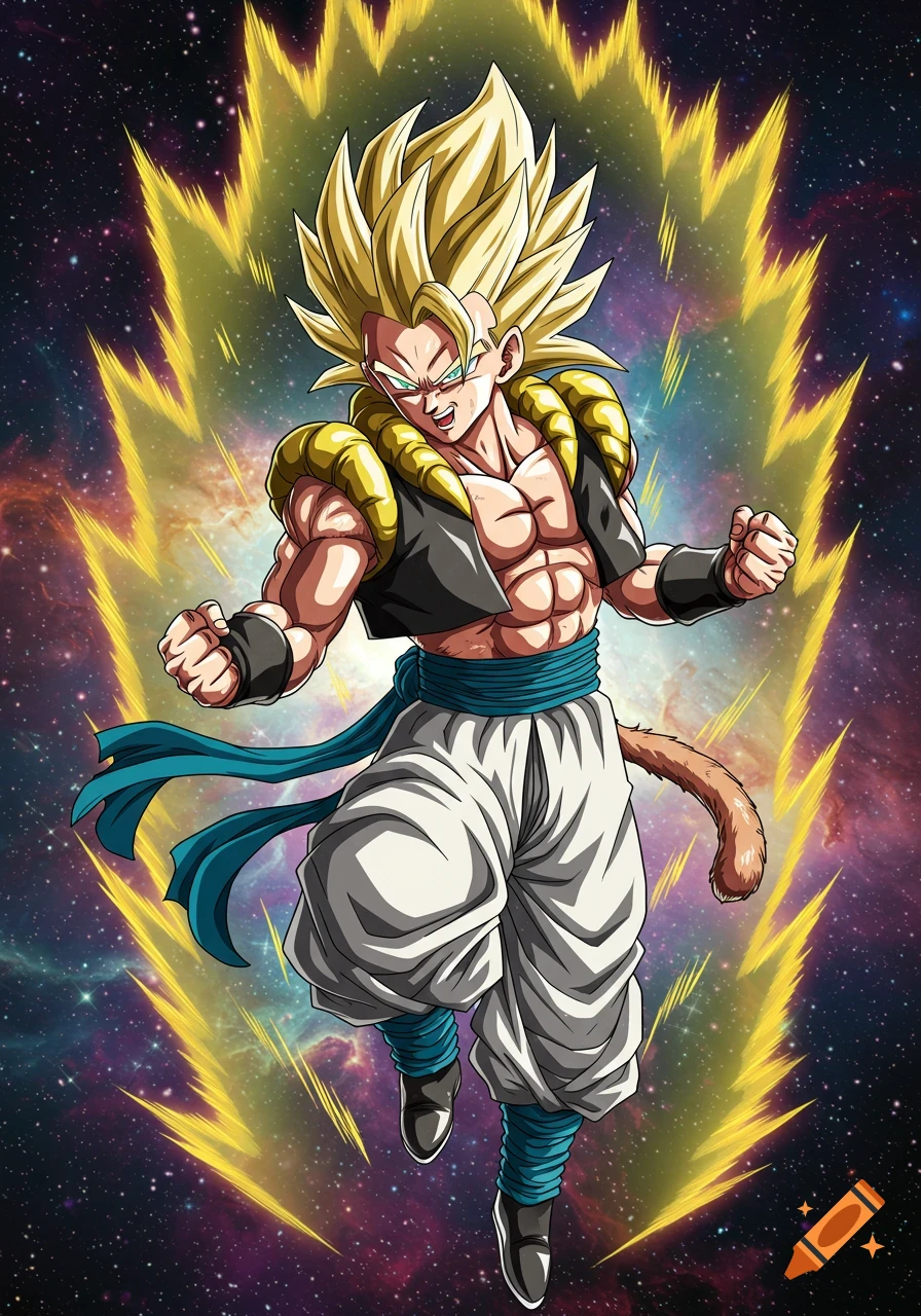 Anime style illustration of Super Saiyan 2 Gogeta with golden aura in space
