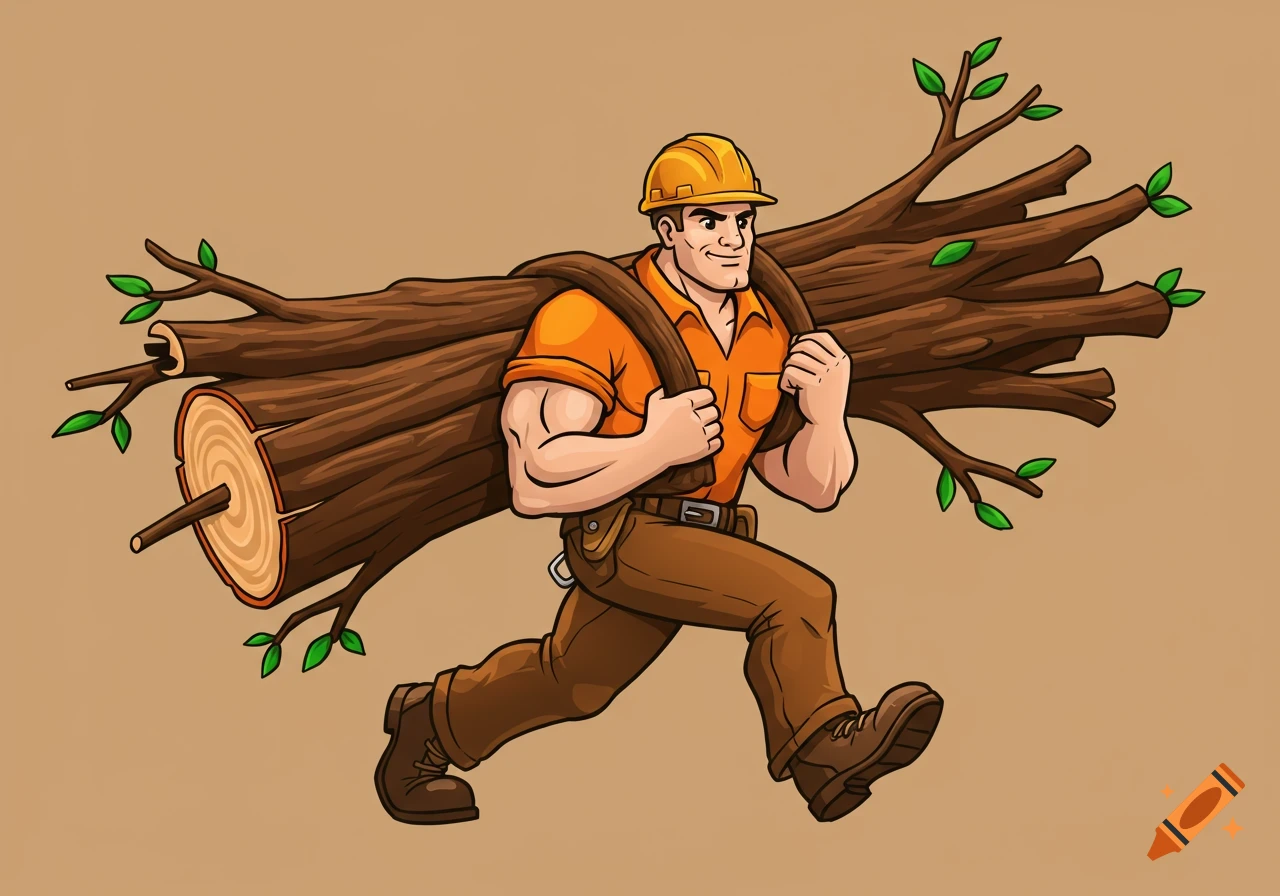 Cartoon man in hard hat and work clothes carrying logs