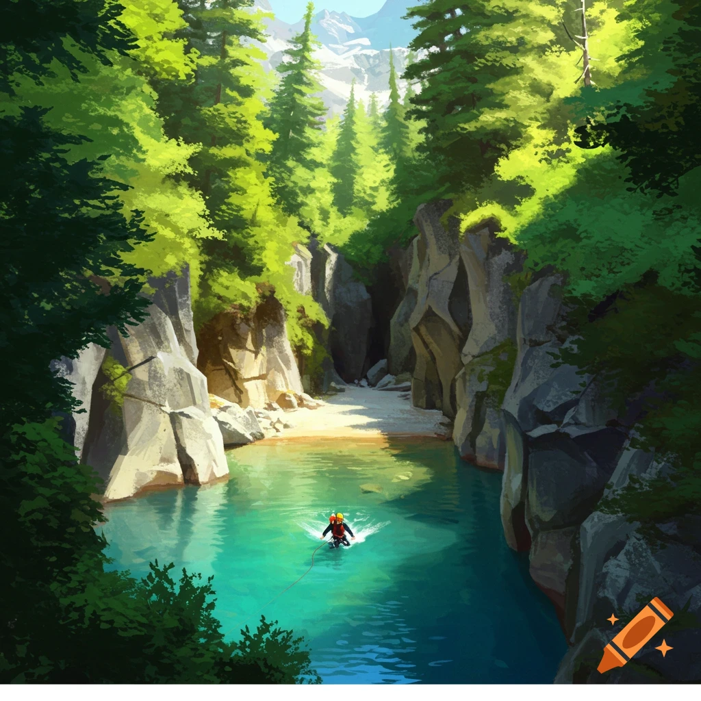 Digital painting of a person swimming in a turquoise pool in a narrow canyon with rocky walls and green trees.