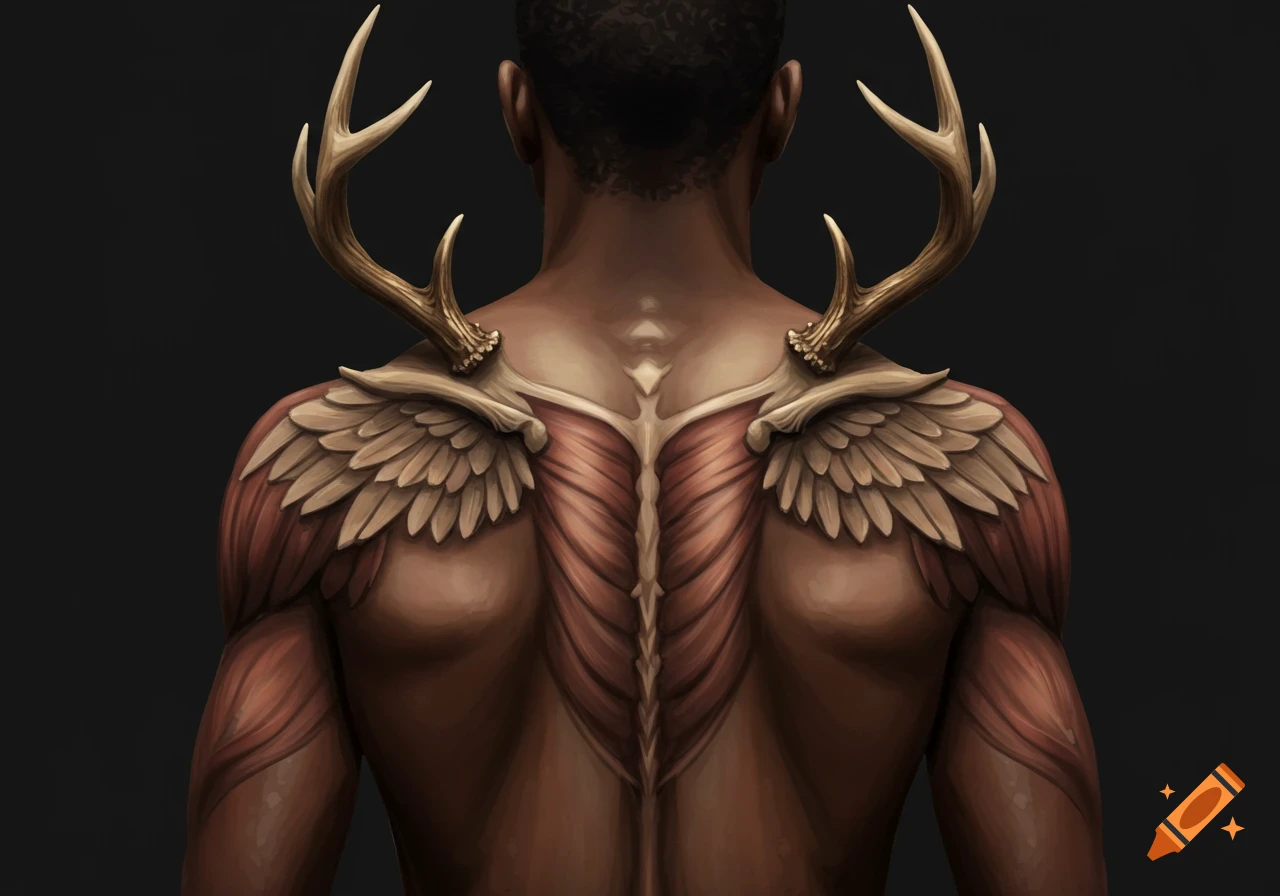 A person's back with antlers and feathered wings growing from their shoulders, showing detailed musculature.