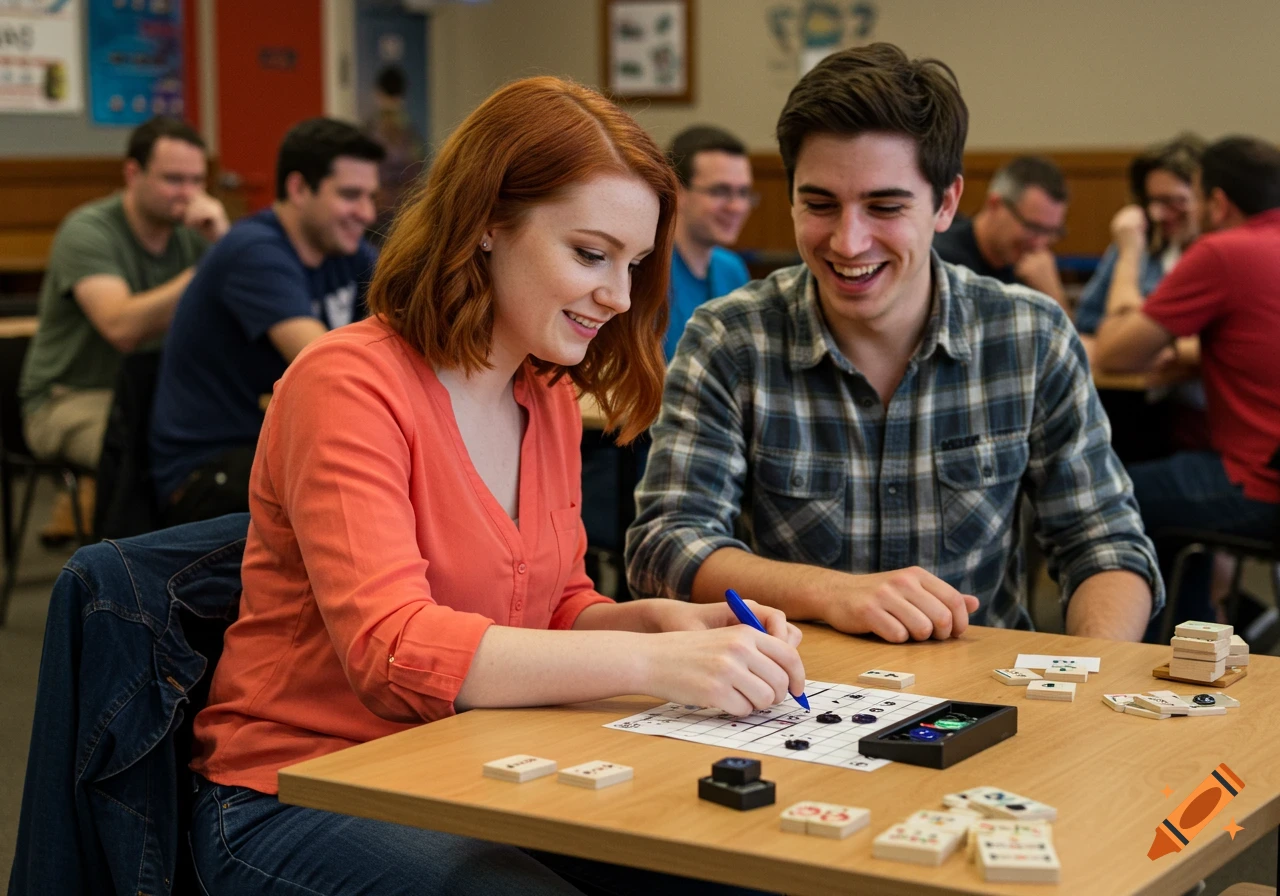 A woman and a man smiling and playing a board game at a table.