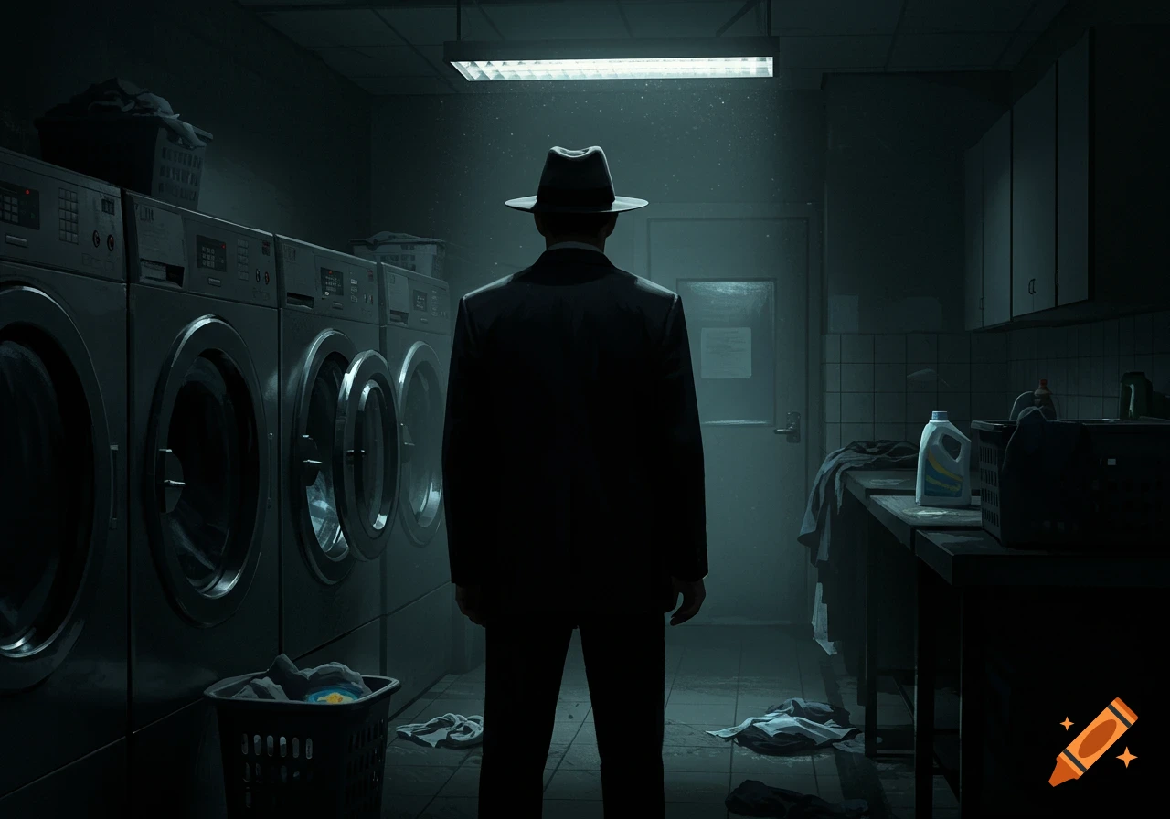 A man in a hat and suit stands with his back to the camera in a dark laundry room.