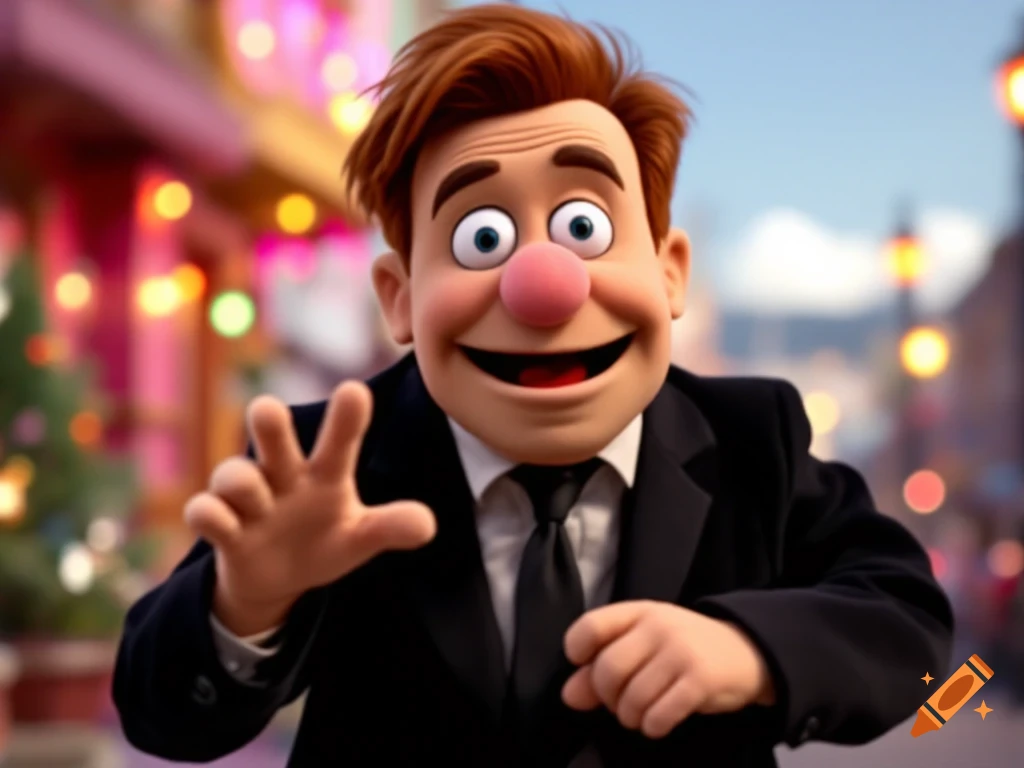 Cartoon puppet resembling Conan O'Brien in a suit, smiling and reaching out against a blurry festive background.