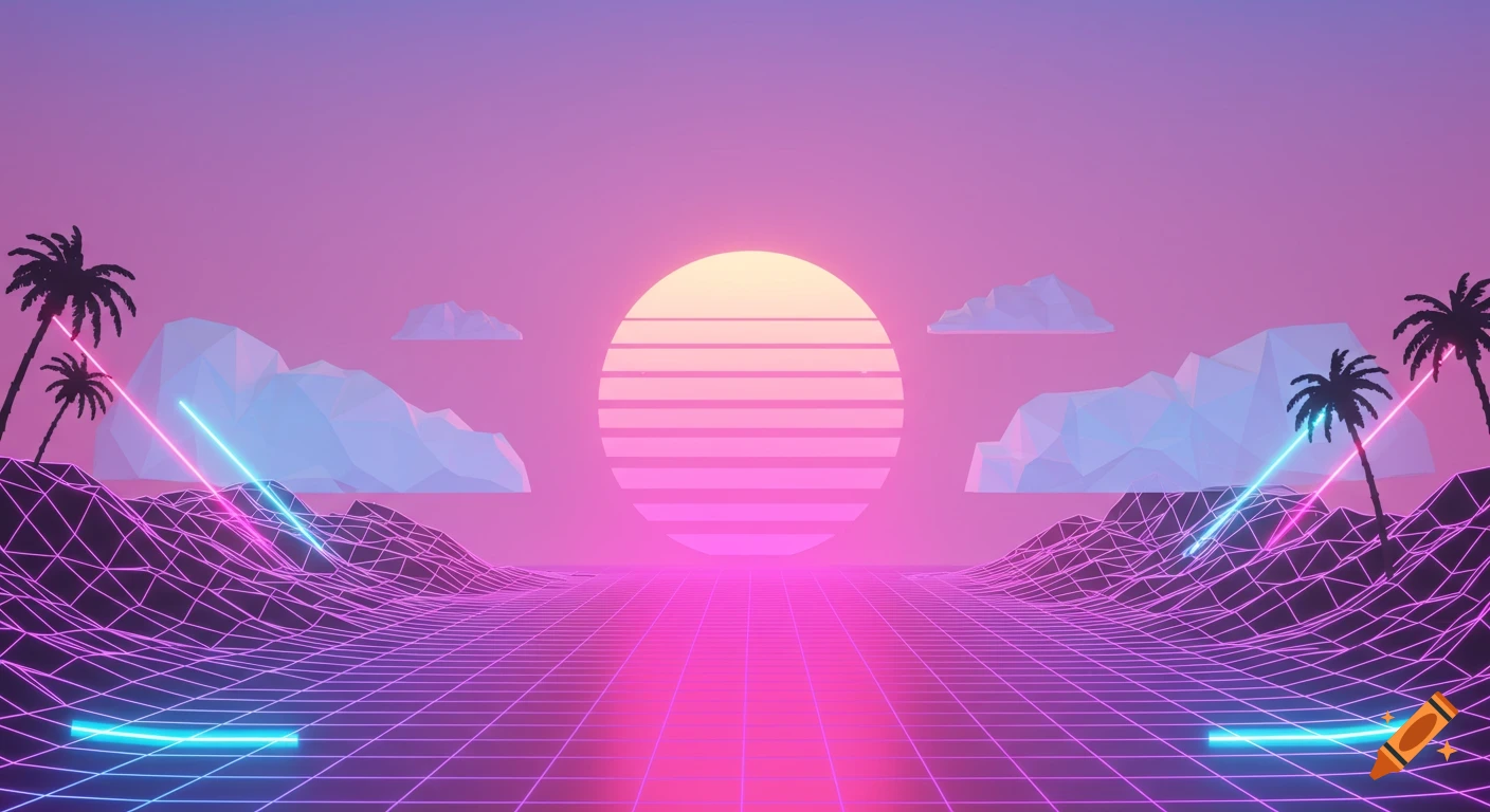 Vaporwave landscape with a grid, sun, palm trees, and neon lines.