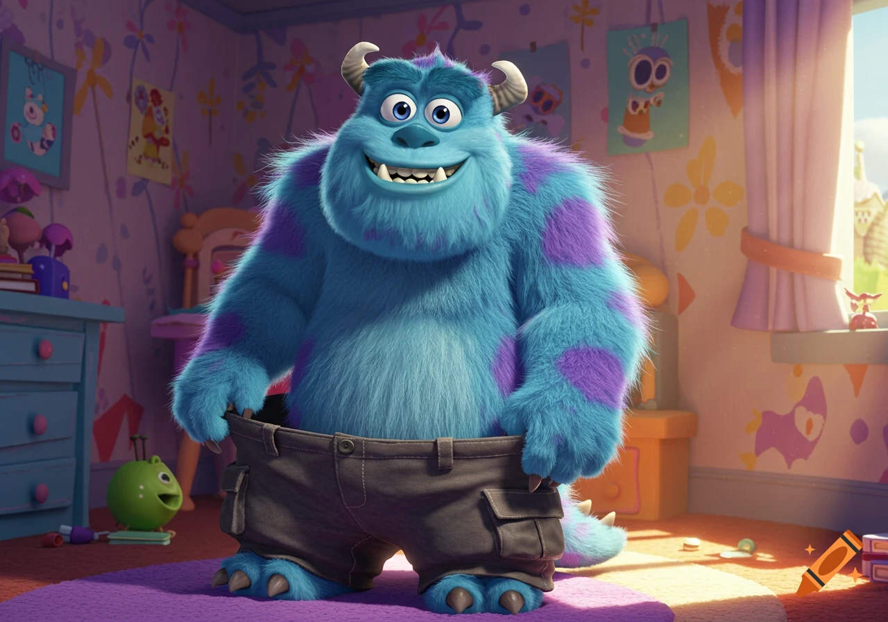 Sully from Monsters Inc standing in a bedroom pulling at his pants.