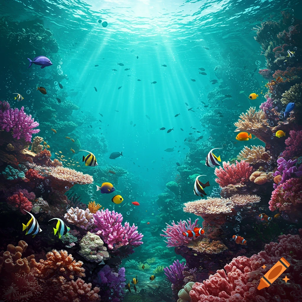 Vibrant underwater scene with colorful coral reefs, schools of fish, and sunlight rays piercing the surface.
