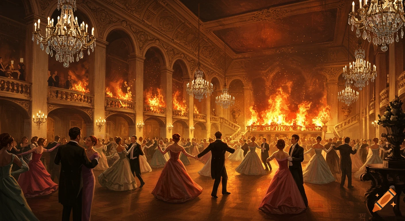 People in tuxedos and gowns dance in a grand ballroom as a fire rages.