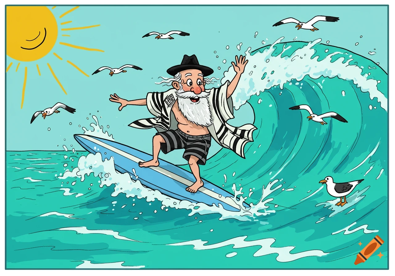 Cartoon illustration of a bearded man in a hat and shawl surfing a large wave with seagulls flying.