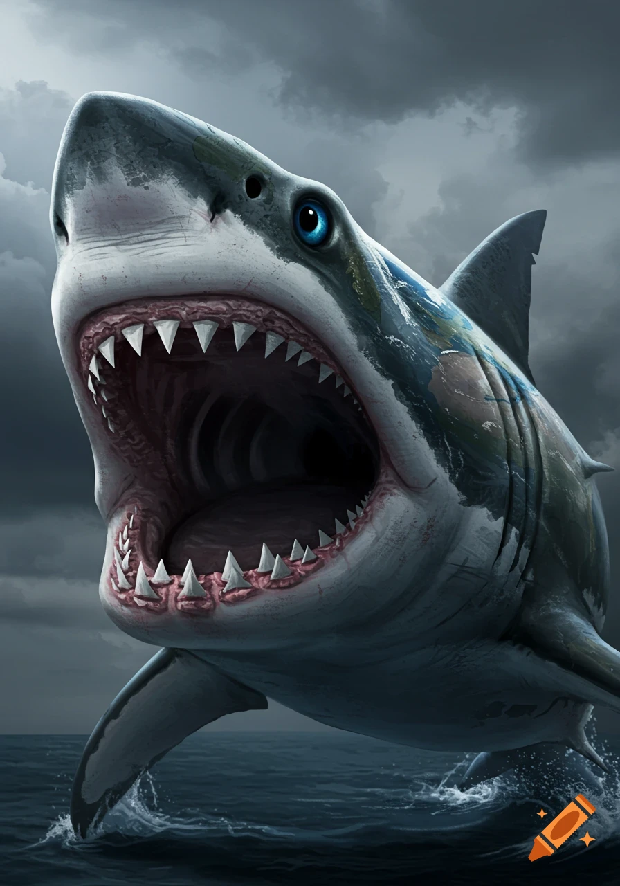 A great white shark with a map of the world on its body leaps from dark water under a cloudy sky.