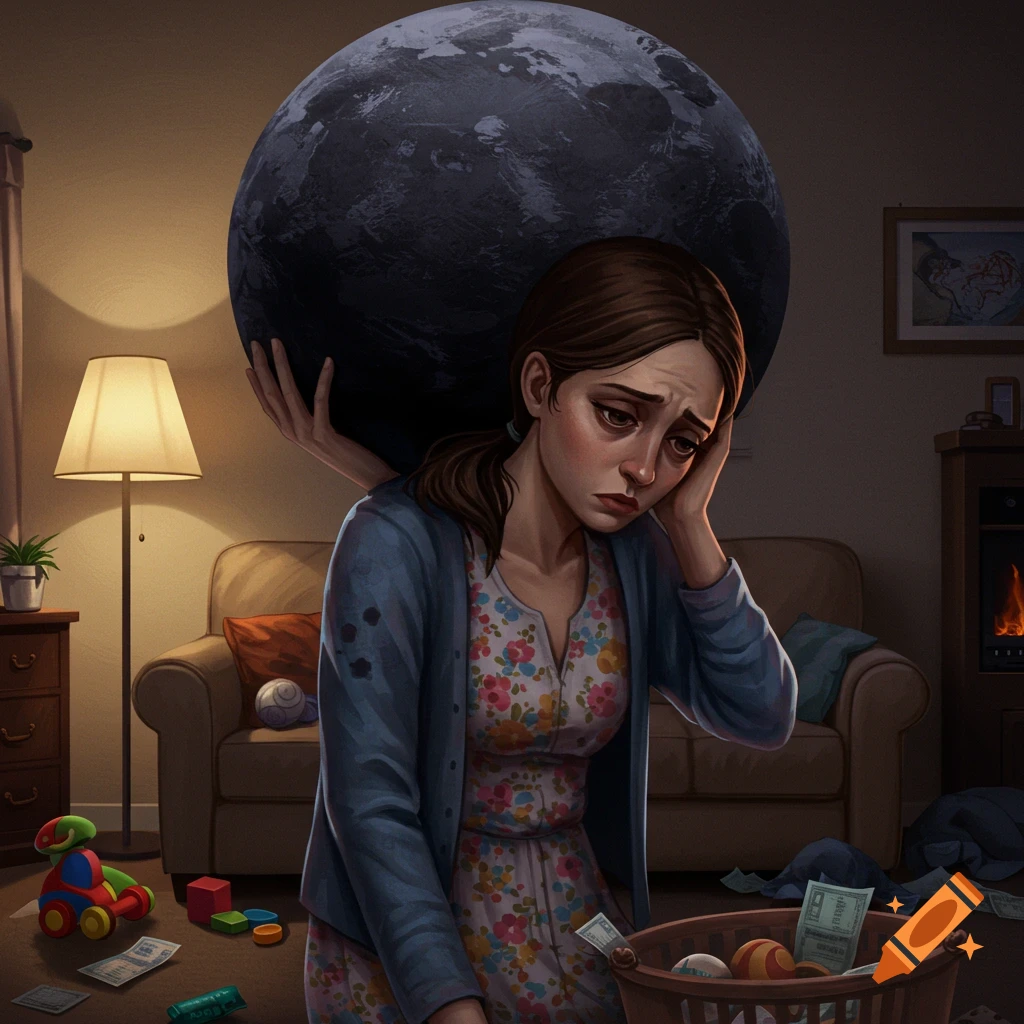 Illustration of a stressed woman carrying a large dark sphere like the Earth on her shoulders in a messy room with toys and bills.
