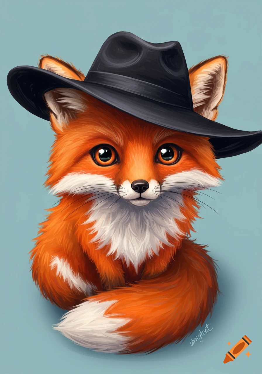 Cute red fox wearing a black hat, digital illustration