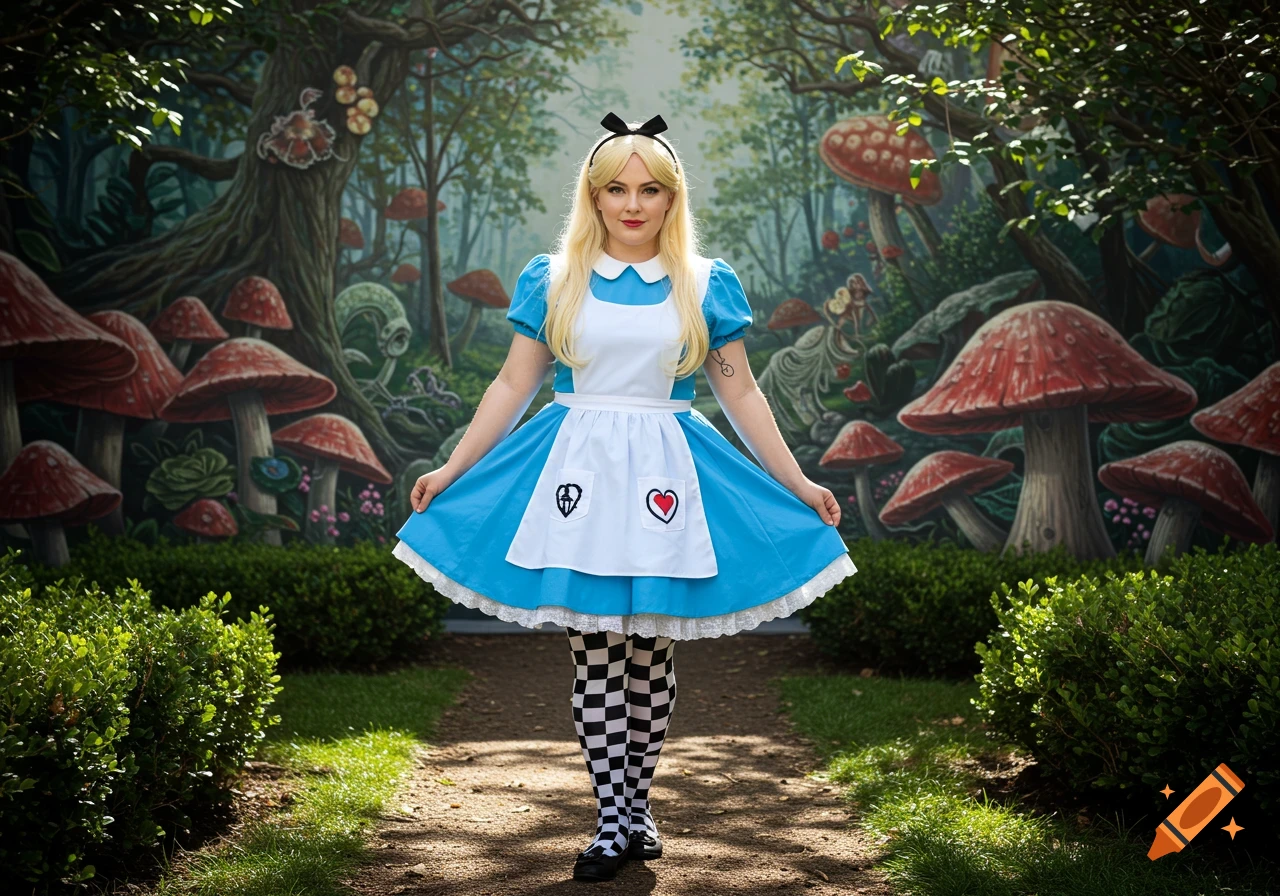 Woman in Alice in Wonderland costume in a fantasy forest with giant mushrooms.