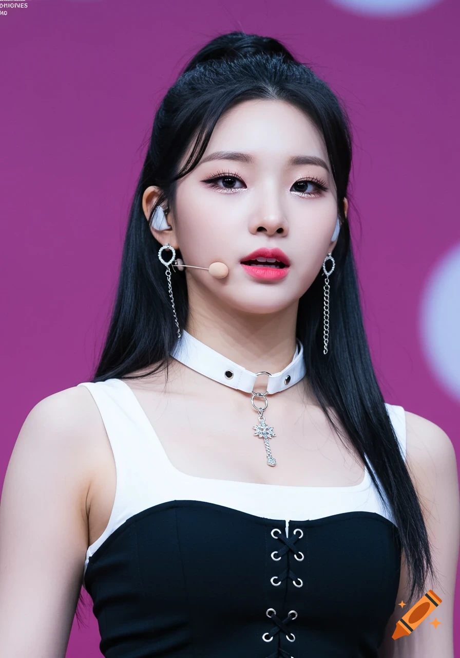 Portrait of a Kpop idol with a high ponytail, wearing a white choker and a black and white top, against a pink background.