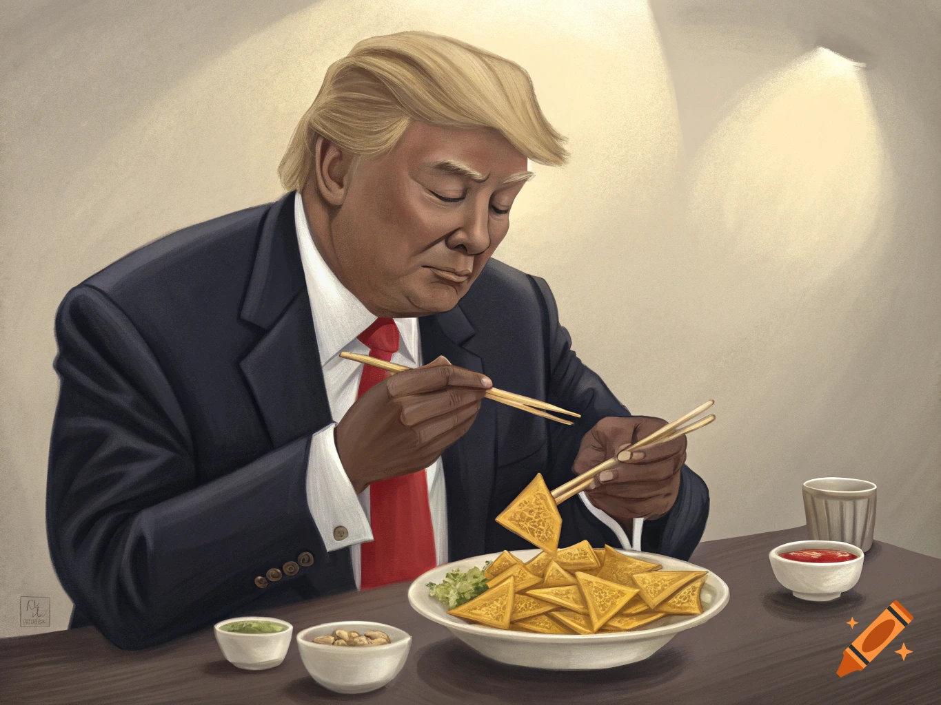 Digital painting of a Black Donald Trump eating triangle food with chopsticks