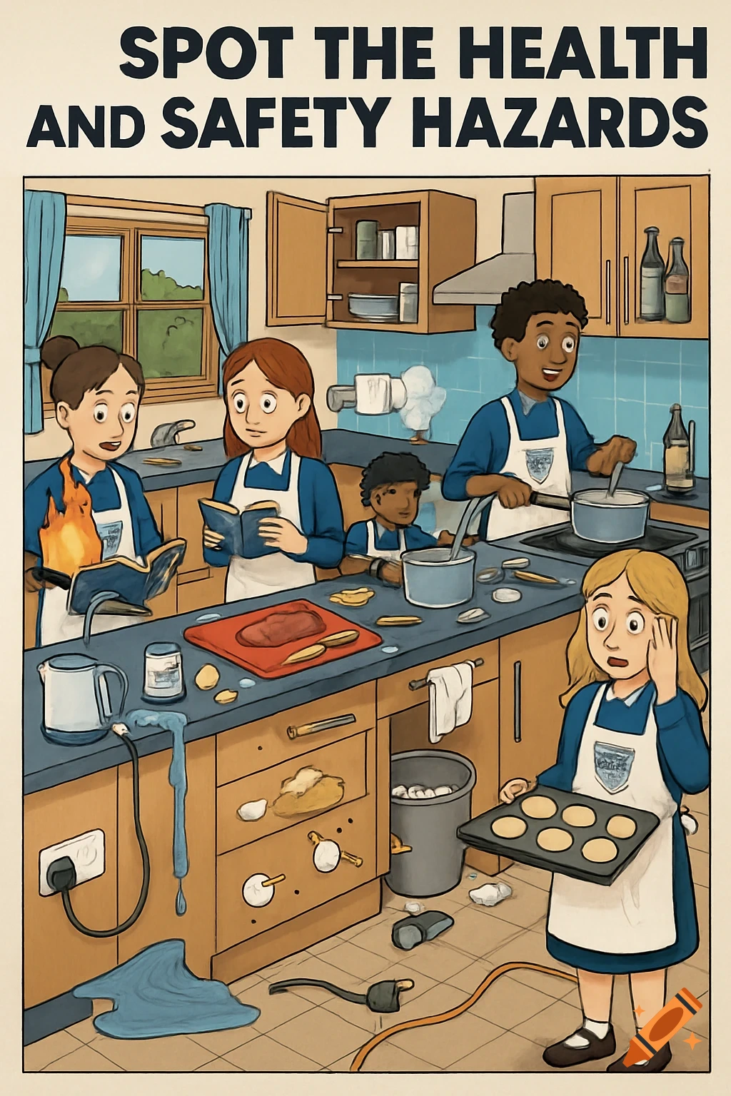 Illustration of children in a messy kitchen identifying safety hazards as requested by a poster title.