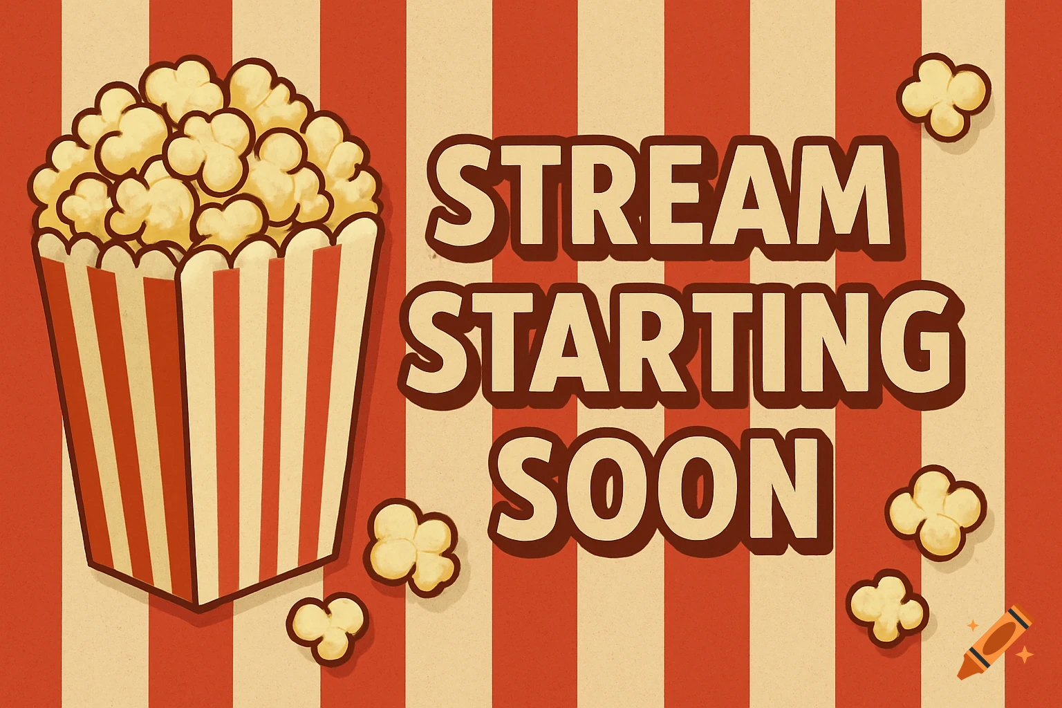 Illustration of a popcorn box and loose popcorn on a red and cream striped background with the text 'STREAM STARTING SOON' in a retro style.