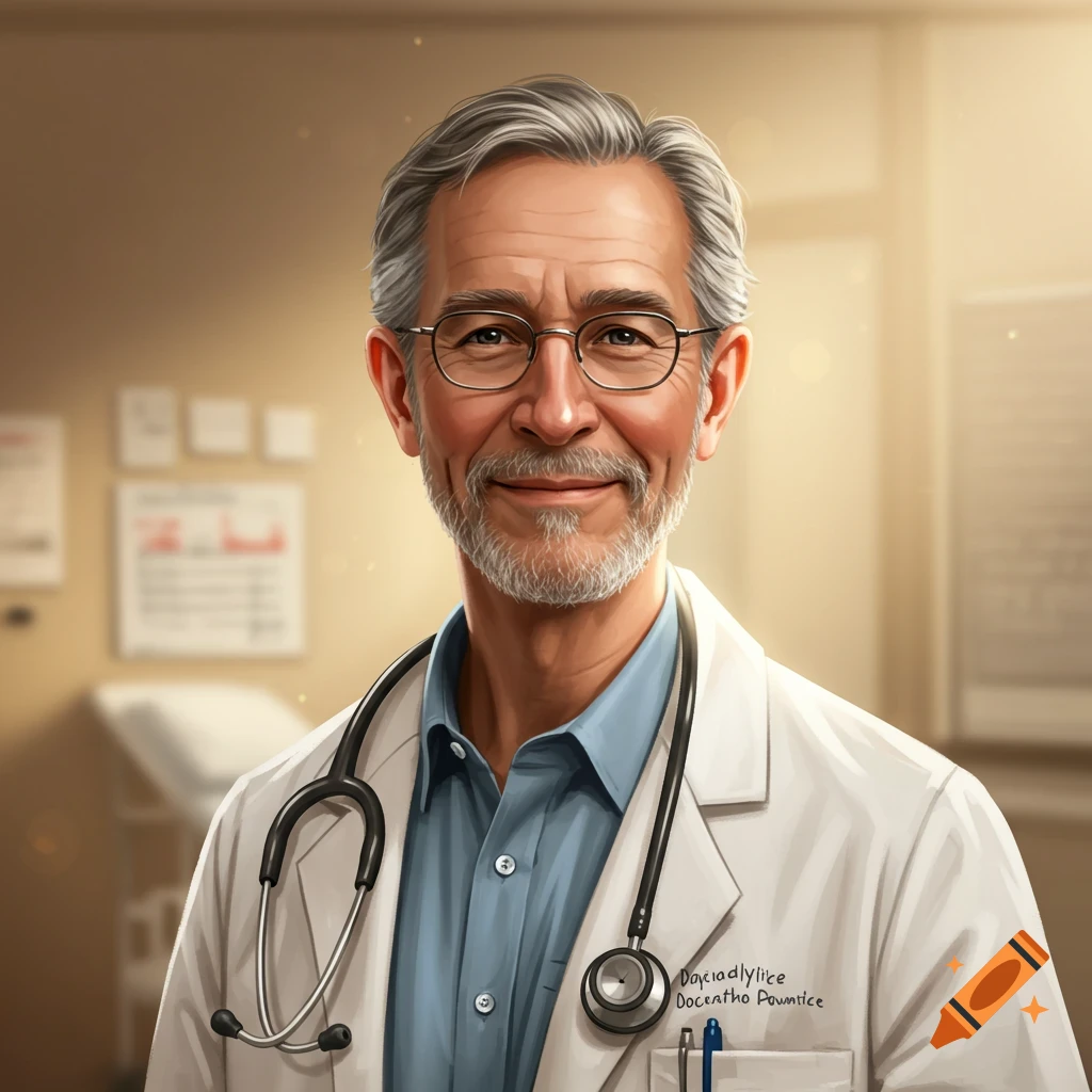 Portrait of a smiling older man with glasses and a beard wearing a doctor's coat and stethoscope.