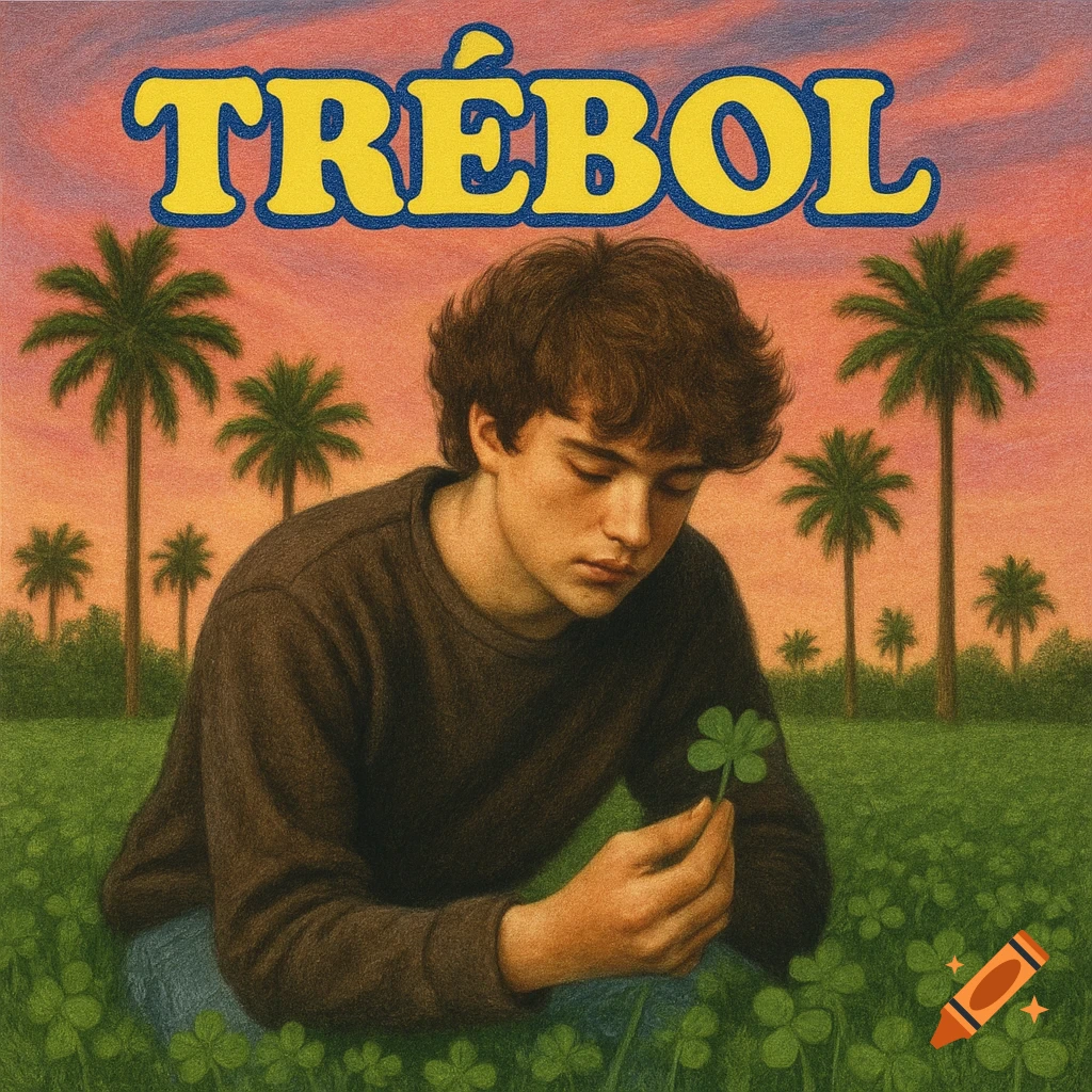 Teenage guy holding a four leaf clover in a field with palm trees and pink sunset, text TRÉBOL above.