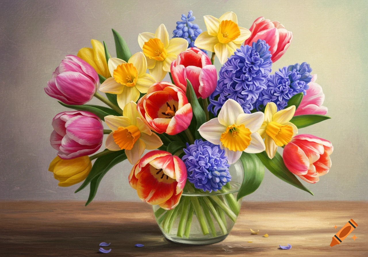 A beautiful bouquet of spring flowers including tulips, daffodils, and hyacinths in a glass vase on a wooden table.