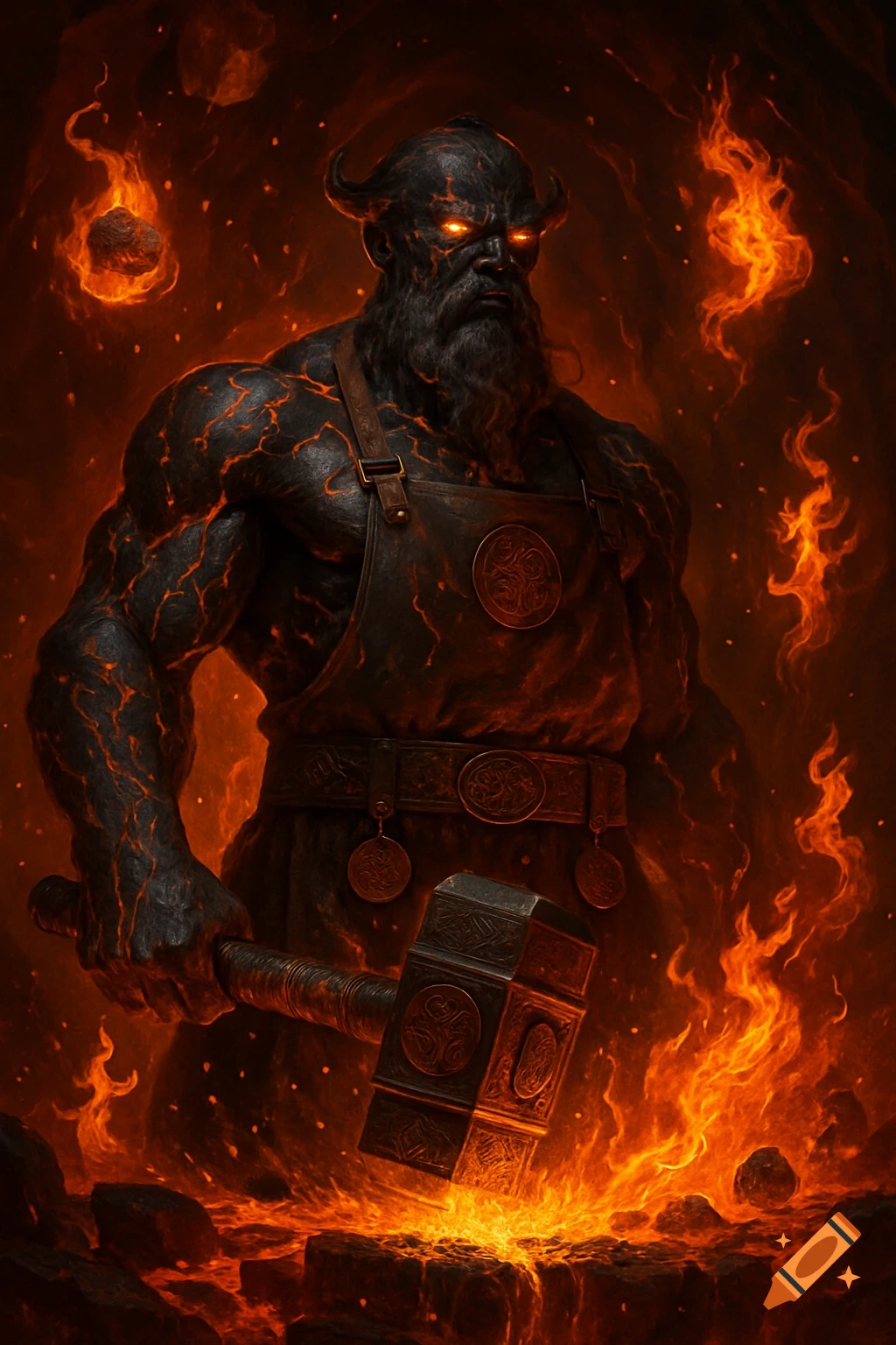 Lava-skinned blacksmith god with glowing eyes holds a hammer in a fiery dark fantasy forge.