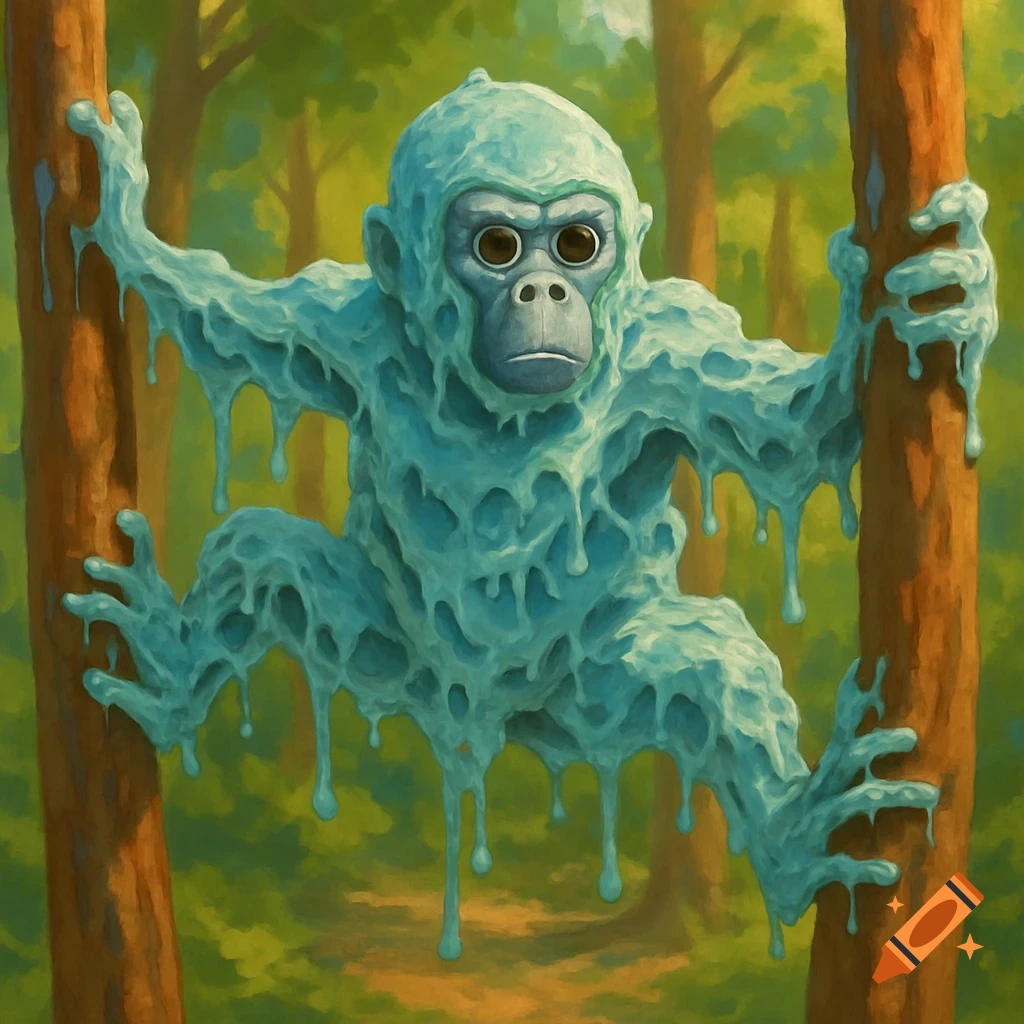 A melting cyan gorilla clings to two trees in a forest, rendered in a painterly style.