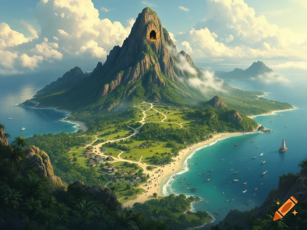 Detailed illustration of a tropical island with a large mountain, cave, village, beach, and boats in the sea.