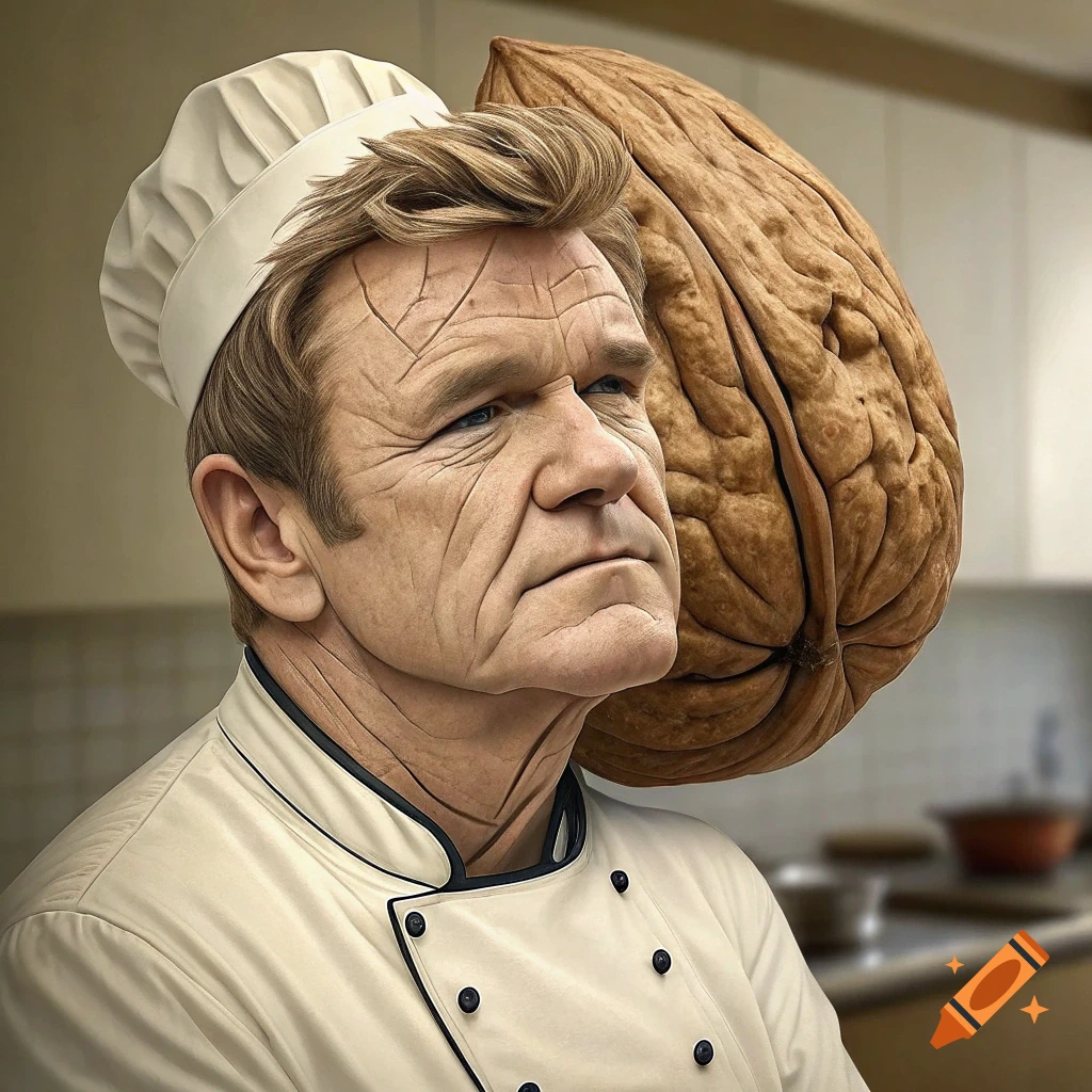 A person resembling Gordon Ramsay wearing a chef hat with a wrinkled face and a large walnut next to their head in a kitchen.