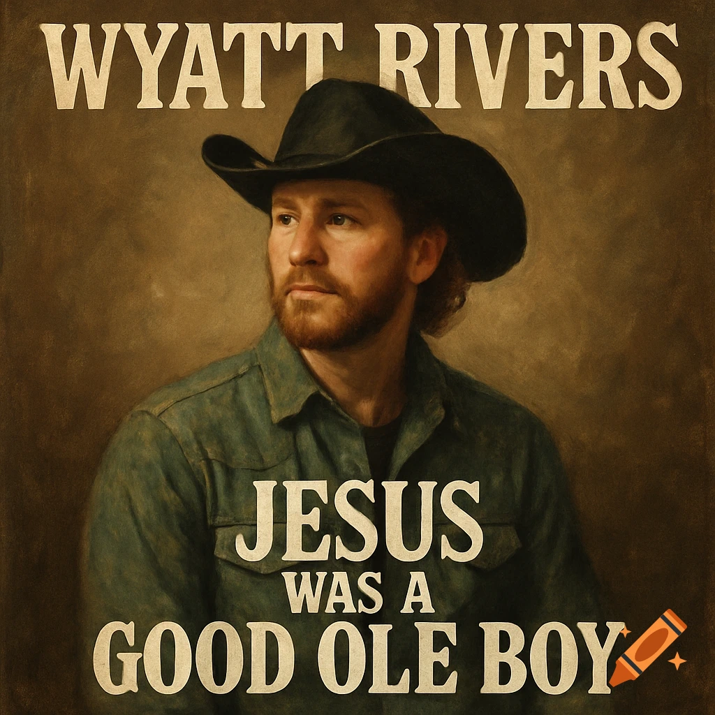Painting of a man in a cowboy hat with text 'Wyatt Rivers' and 'Jesus Was A Good Ole Boy'