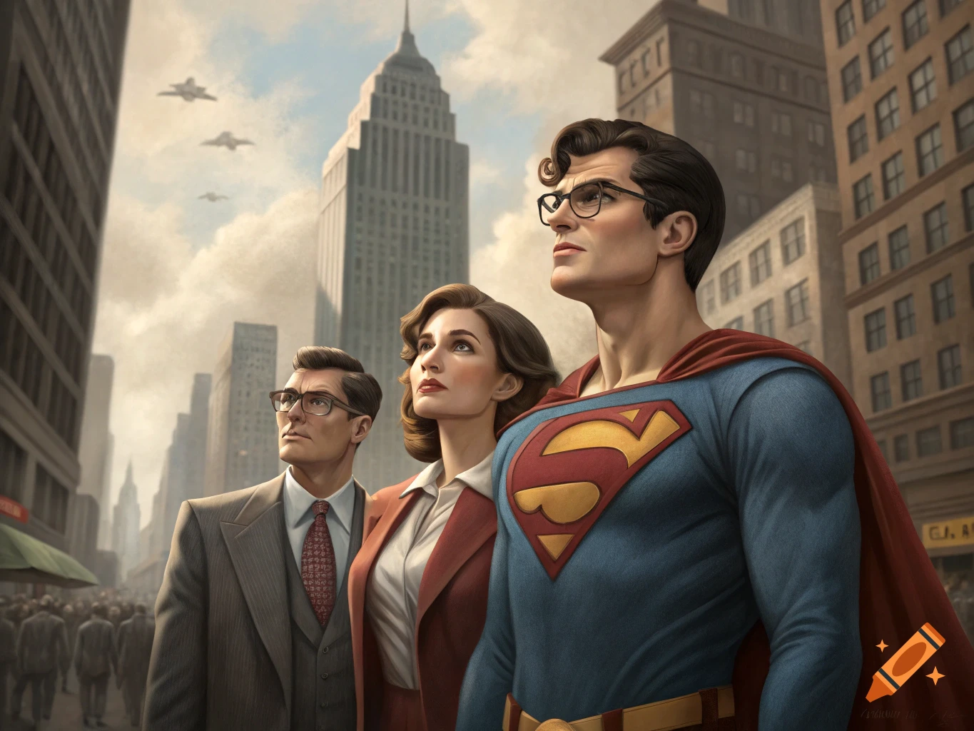 Superman, Clark Kent, and Lois Lane stand together in a retro cityscape.