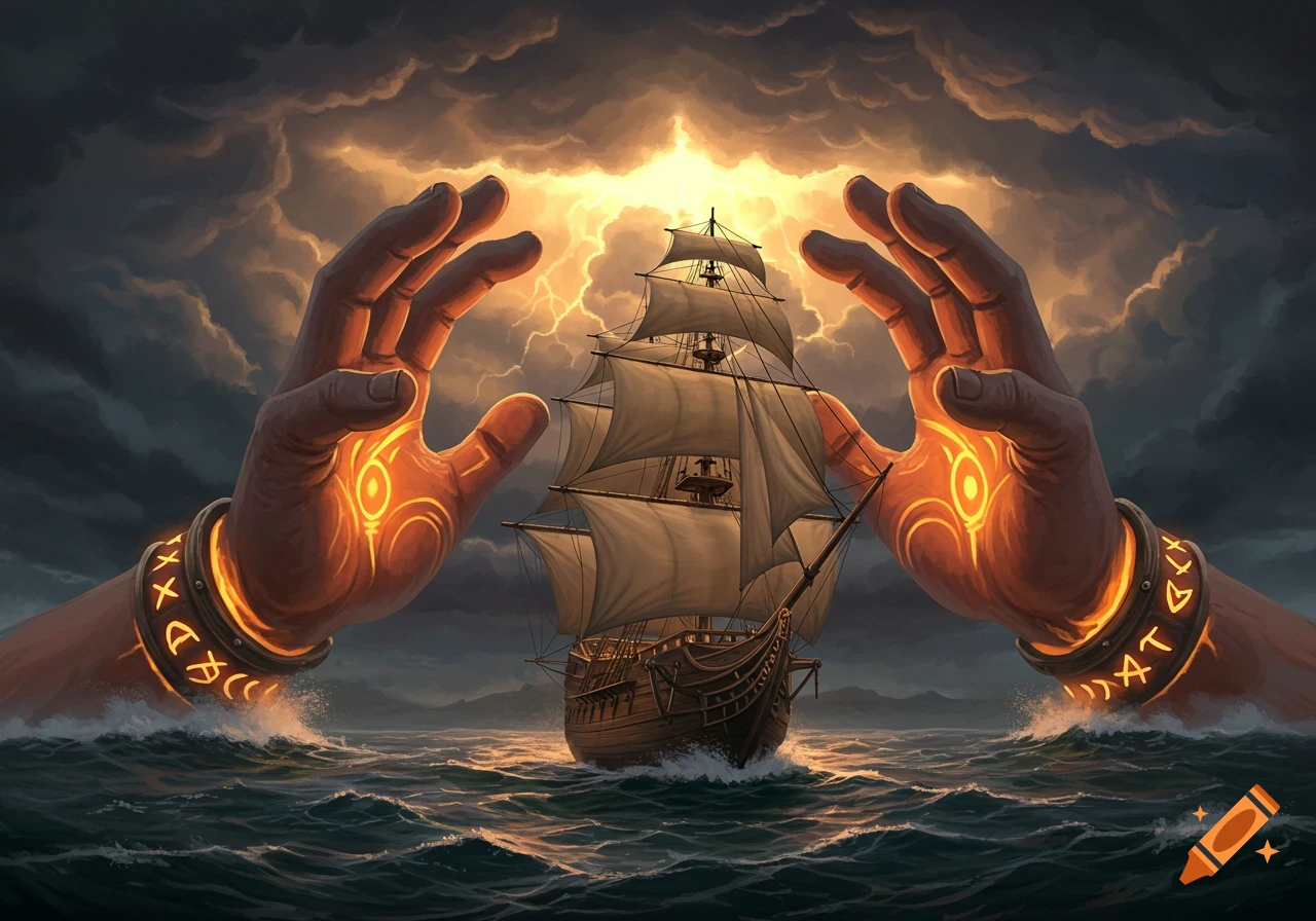 Giant glowing hands surround a sailing ship on a stormy sea with lightning, fantasy art