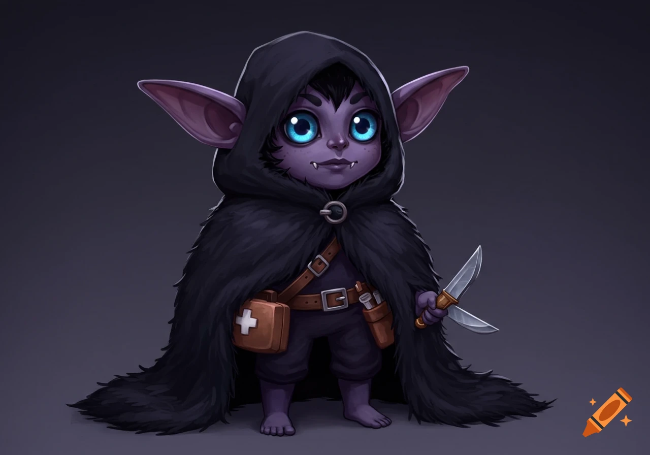 A cute, stylized shadow goblin character with purple skin, big blue eyes, fangs, a black fluffy cape, a medkit, and a knife.