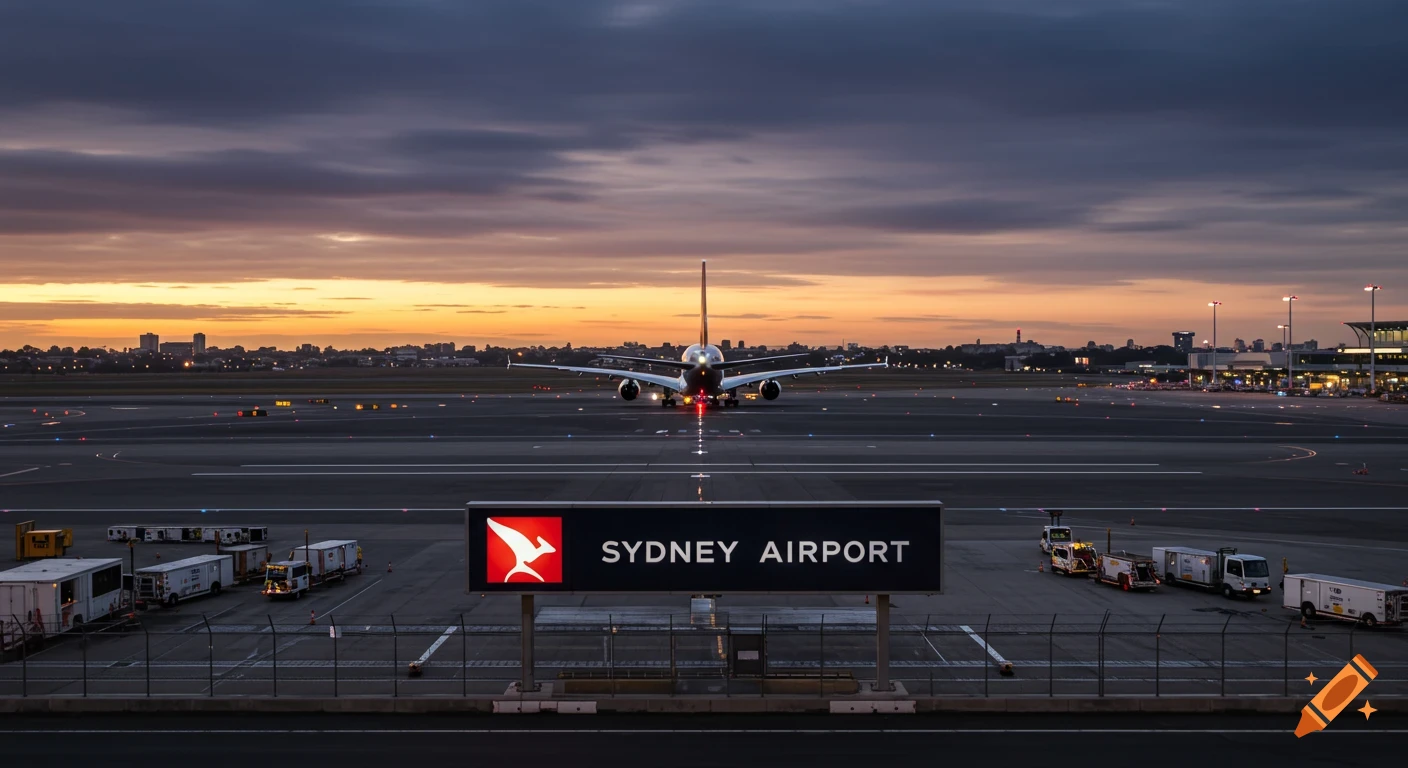 Airplane on runway at Sydney Airport at sunset, seen from behind a sign.