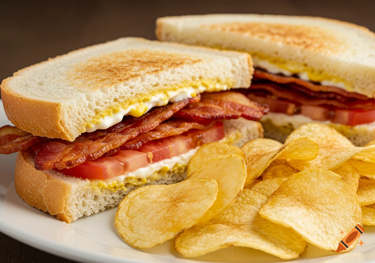 Close-up photo of a bacon tomato sandwich with chips on a plate