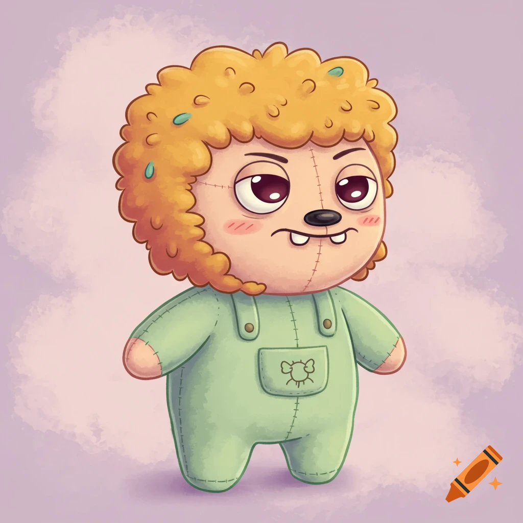 Cartoon plushie character with orange hair and green overalls standing against a purple cloudy background.
