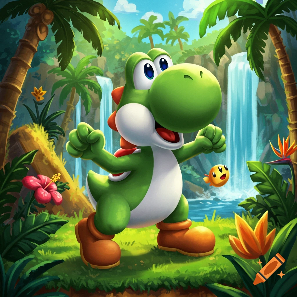 Yoshi in a jungle clearing with waterfalls