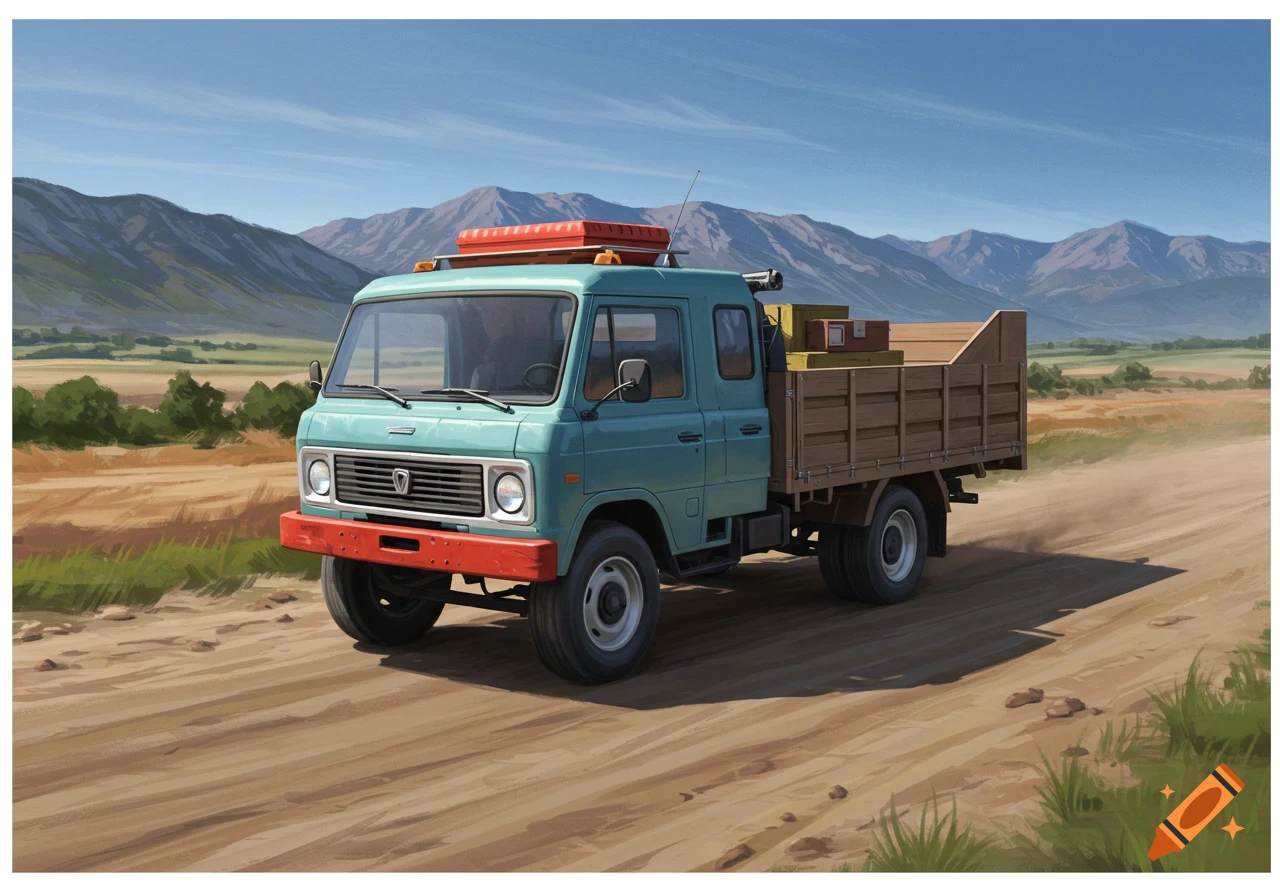 Teal truck drives on a dirt road through a landscape with mountains and fields, digital painting