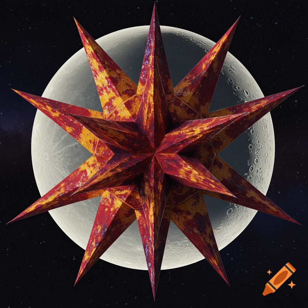 An 8-pointed star in red and yellow colors in front of a moon in space.