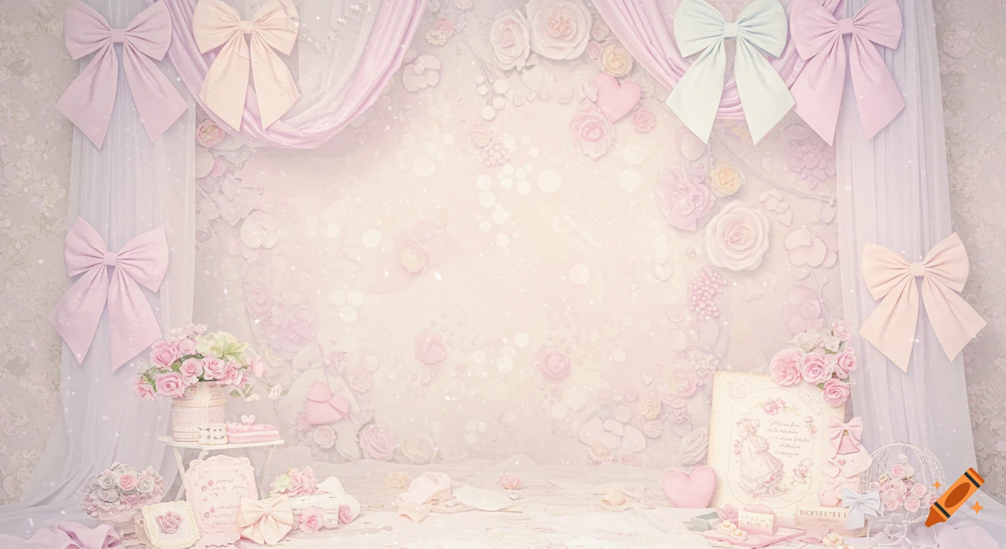 Pastel coquette photo backdrop with bows, flowers, and decor