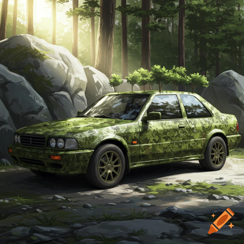 Illustration of a camouflage car parked on a forest path with sunlight filtering through trees