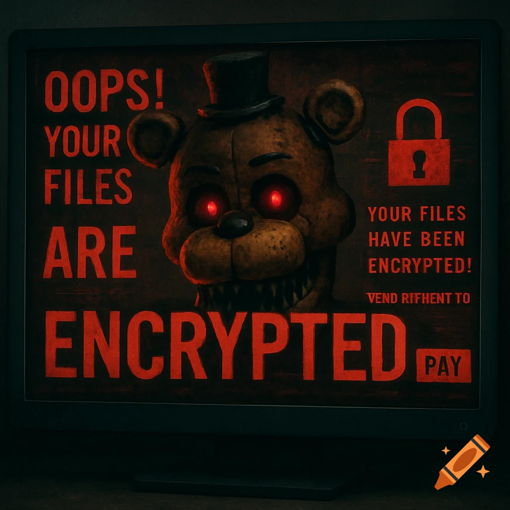 A computer monitor screen displays a red ransomware message with the text "OOPS! YOUR FILES ARE ENCRYPTED!". A creepy animatronic bear face with glowing red eyes peers from behind the text. A lock icon is visible on the right.