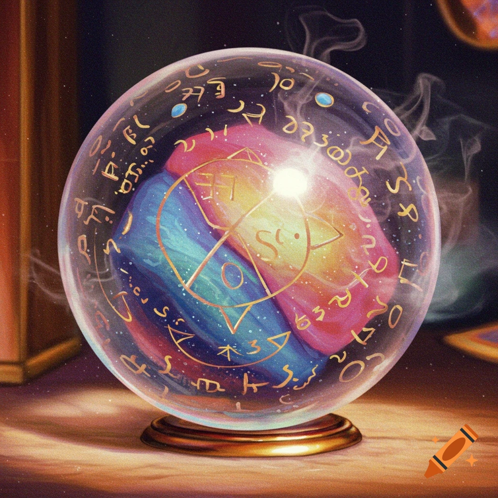A crystal fortune ball with swirling pink and blue colors inside, illuminated by a light. Golden runes cover its surface. Painterly style.
