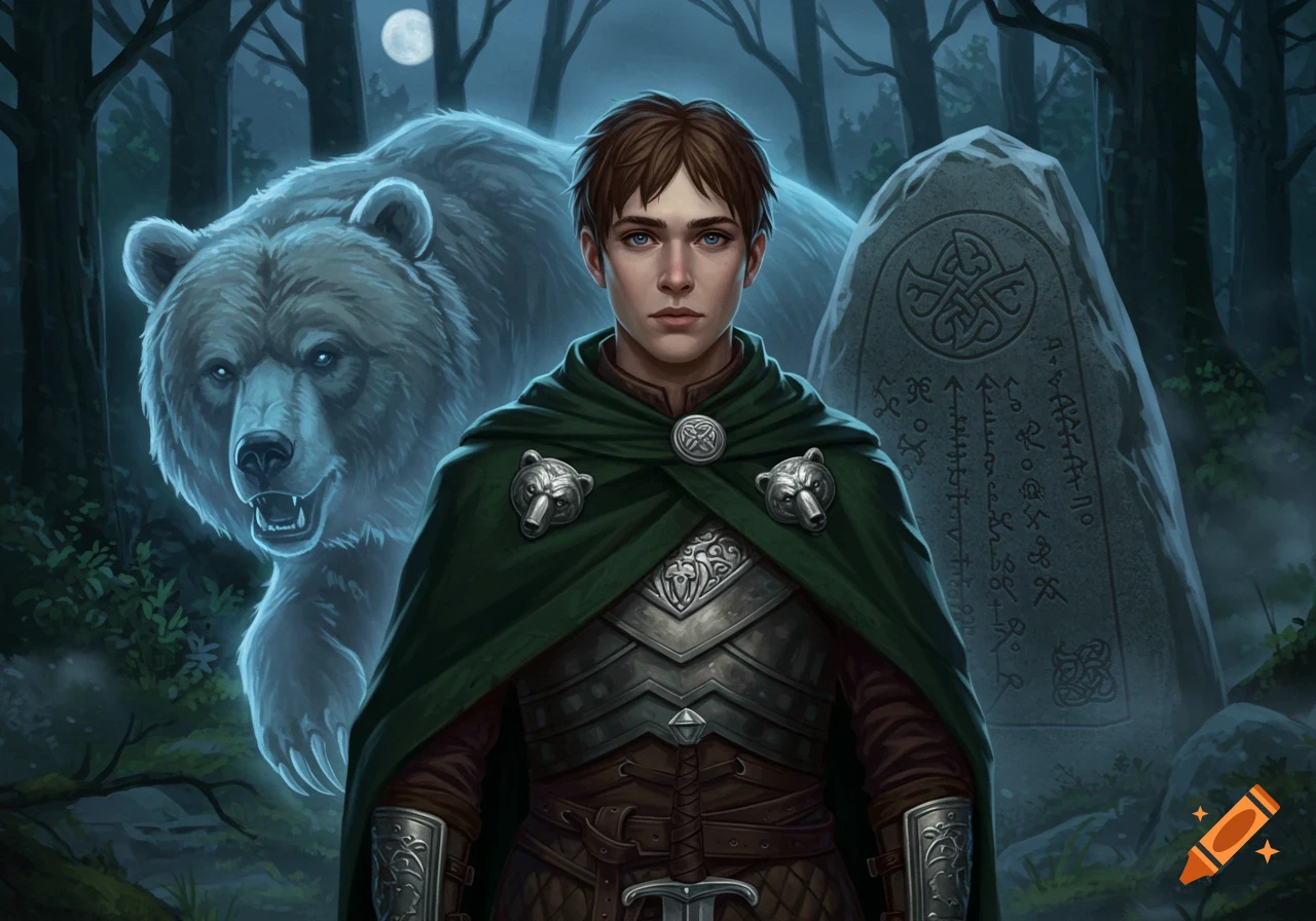 Young man in fantasy armor and green cloak with spectral bear spirit and runestone in forest under moonlight.