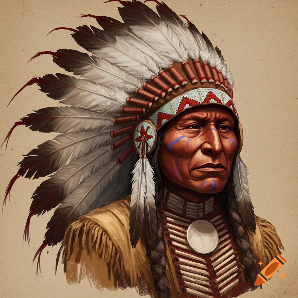 Portrait of a Native American chief wearing a large feather headdress.