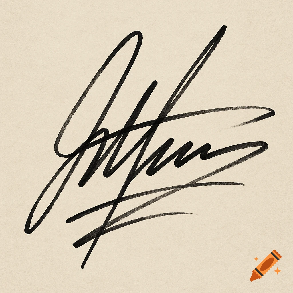 A large, illegible black signature on a light background.