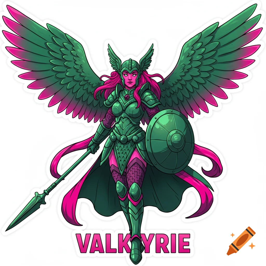 Sticker graphic of a green and pink valkyrie with wings, spear, and shield. Text says VALKYRIE.