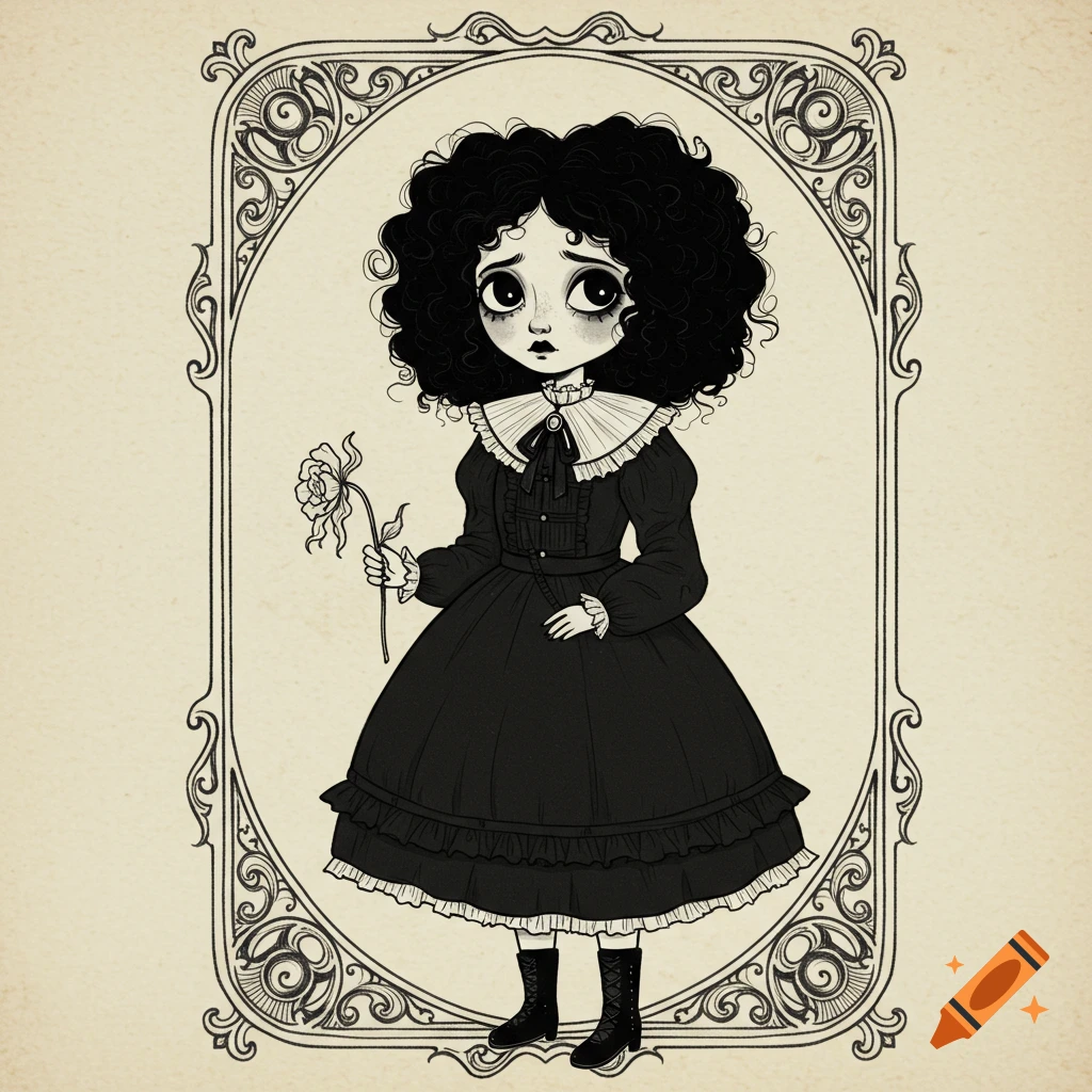 Black and white gothic cartoon girl in a vintage dress holding a flower, within an ornate border.