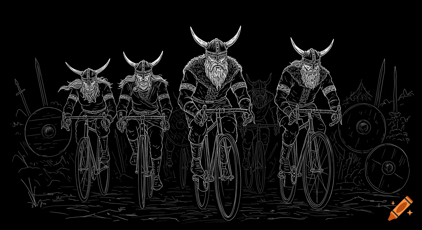 White line art illustration of Vikings riding bicycles on a black background