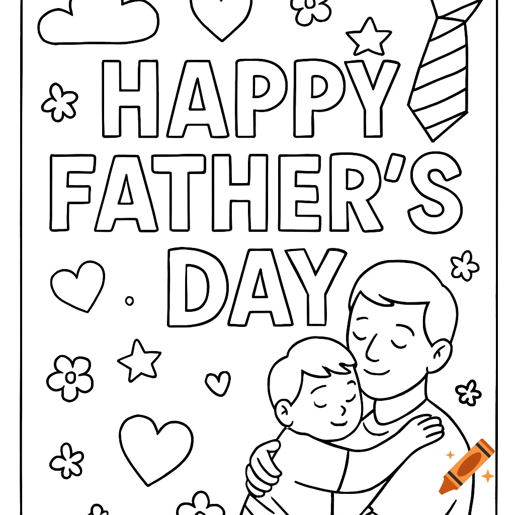 Black and white Happy Father's Day coloring page with father and son hugging, hearts, flowers, tie, and cloud.