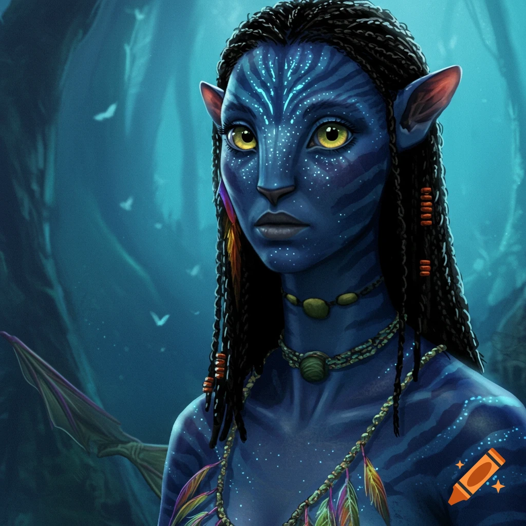 A portrait of a blue-skinned fantasy woman with bioluminescent markings and braids in a forest.