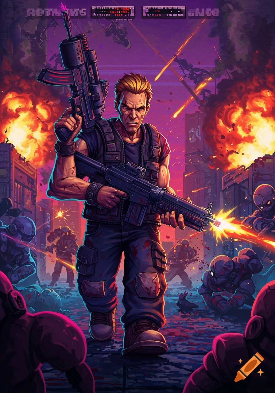 Stylized retro art of a man with guns in a destroyed city combat scene.
